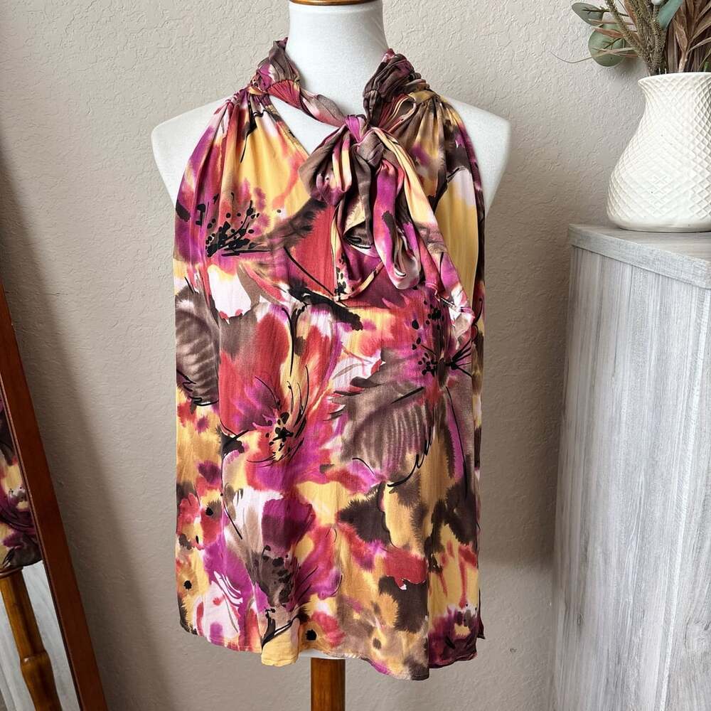 St. John Silk Floral Print Halter Tie Neck Sleeveless Top Blouse Size Medium.